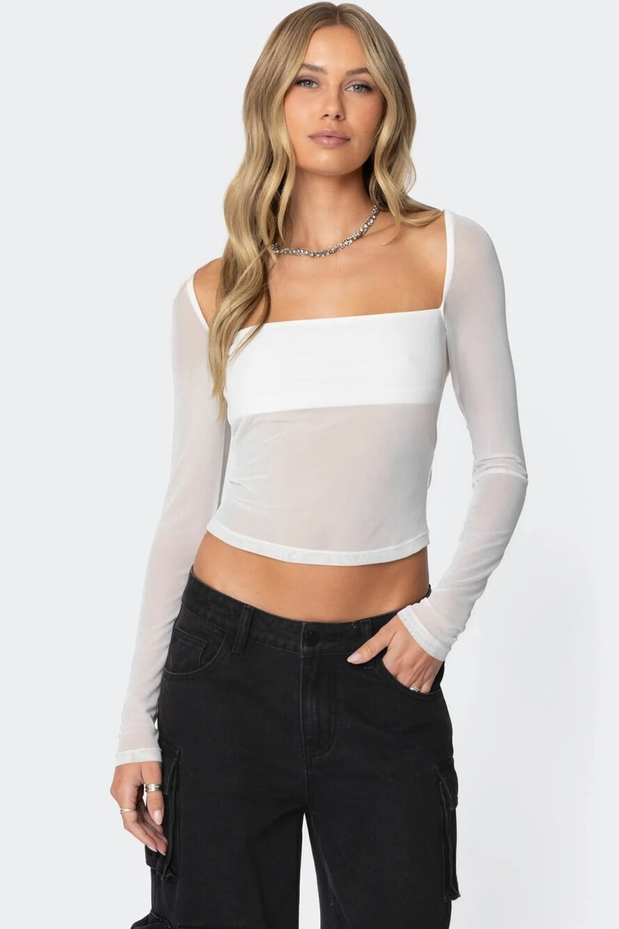 Edikted White Mesh Sheer Long Sleeve Top Size XS